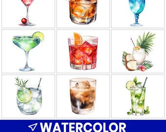 Paquete de imágenes prediseñadas PNG de cócteles en acuarela, arte de bebidas alcohólicas (descarga digital)