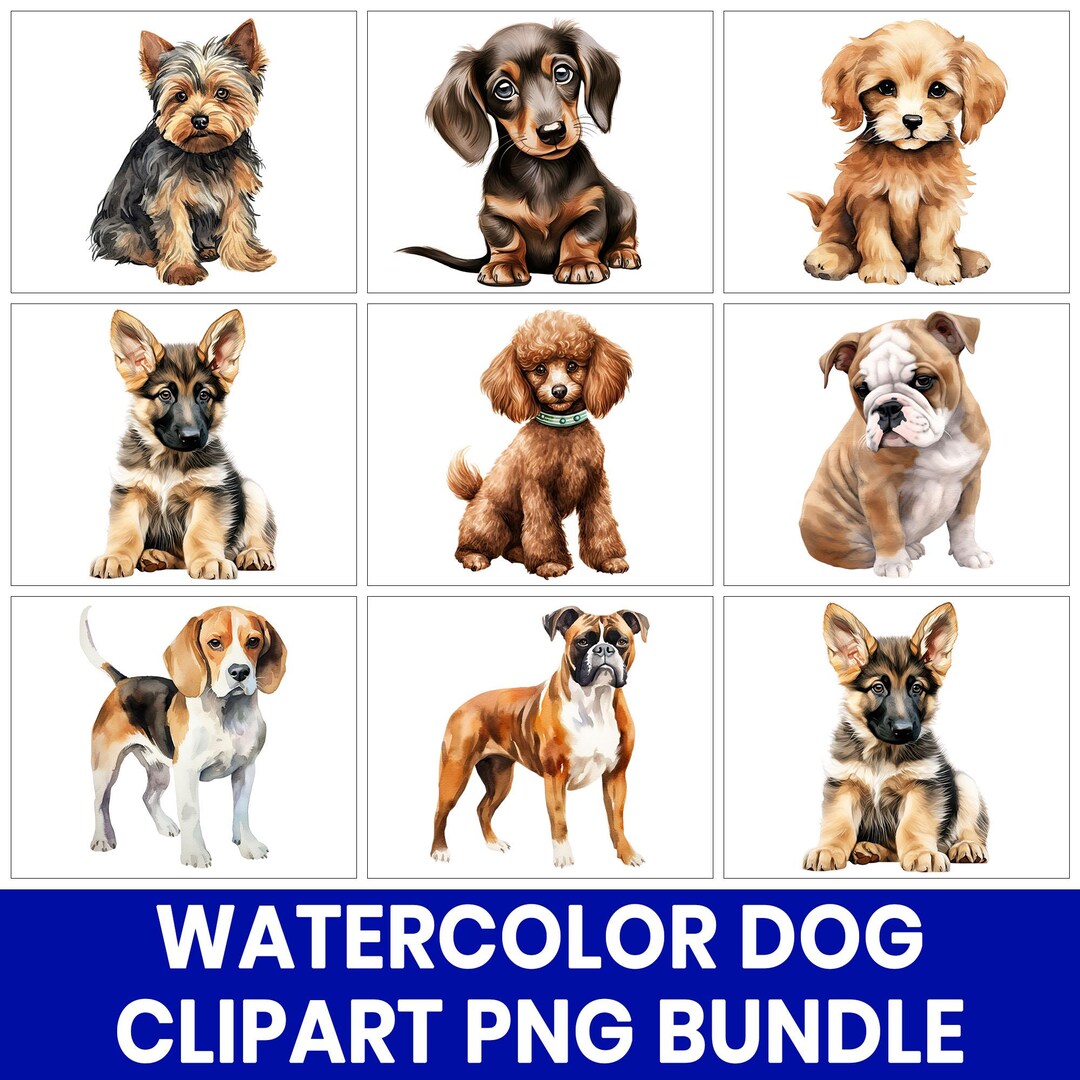 Watercolor Dog Clipart PNG Bundle, Puppy Portrait Art (digital Download ...