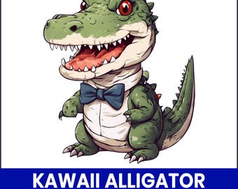 Kawaii Alligator PNG Clipart, Bowtie Gator, Printable Kids Decor (Digital Download)
