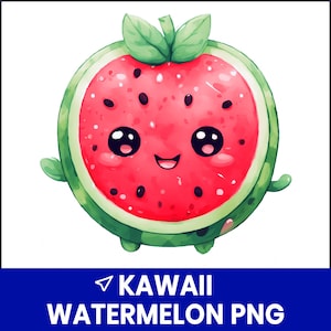 Kawaii Wassermelone PNG Clipart, süße Frucht Illustration, Sommer Wassermelone Scheibe Kunst, Cartoon Food Design, digitaler Download