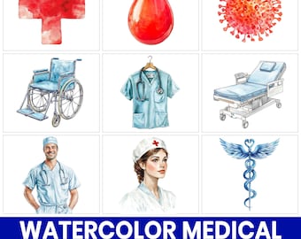 Pacchetto di clipart mediche ad acquerello in formato PNG, grafiche di infermieri e medici (download digitale)