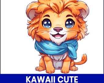 Cute Kawaii Lion PNG Clipart, Baby Jungle Animal PNG, Adorable Lion Nursery Art, Printable Lion Design, Cartoon Lion for Sublimation