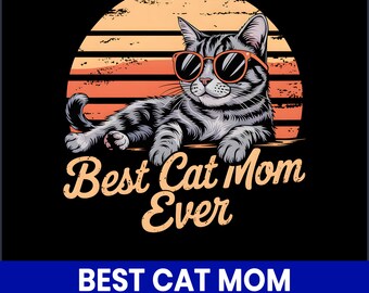 Cat Mom PNG, retro zachód słońca, koci wzór (pobranie cyfrowe)