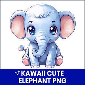 Kawaii Elephant PNG Clipart, Cute Baby Elephant Illustration, Nursery Wall Art, Printable Animal PNG, Elephant Sublimation Design, Digital
