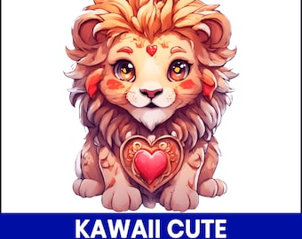 Kawaii Lion PNG Clipart, Cute Baby Lion Illustration, Jungle Animal PNG, Lion Nursery Art Printable, Cartoon Lion Sublimation Design