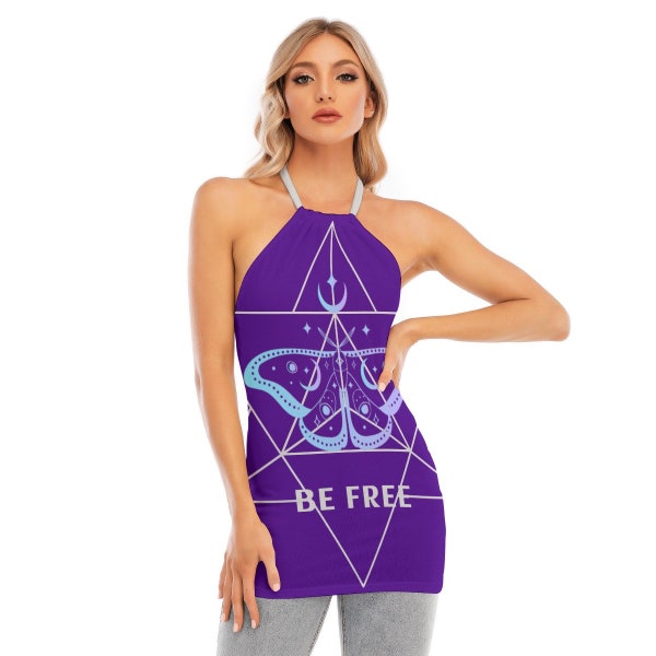 Be Free - All-Over Print Women's Tie Halter Neck Top (Purple)