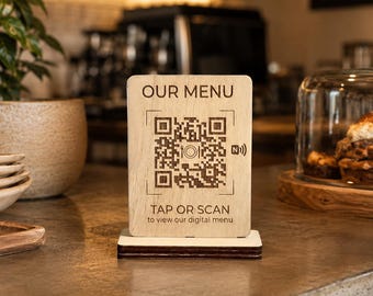 Custom Digital Menu Sign NFC + QR Code | Wood Stand | Tap or Scan | Restaurant Café Bar Food Truck | 2 Sizes