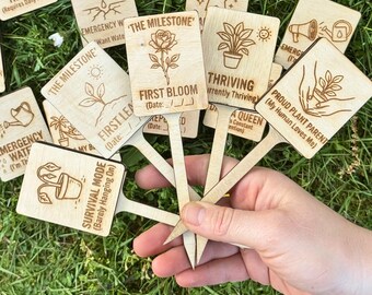 Plant Journey Marker Set | Funny Plant Milestone Stakes | Interchangeable Caps | Plant Mom Gift | Laser Engraved Baltic Birch Wood