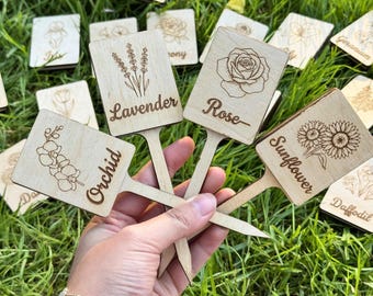 Flower Plant Markers Set | Interchangeable Caps | Custom Garden Labels | Laser Engraved Wood | Gardener Gift | Pick Your Flowers