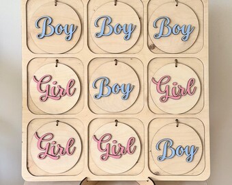 Tic Tac Toe Gender Reveal Game | Pink or Blue Baby Shower Party Game | Square Wooden Party Activity Board