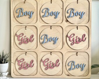 Gra w kółko i krzyżyk ujawniająca płeć | Różowa lub niebieska gra na baby shower | Kwadratowa drewniana plansza do zabawy na imprezę