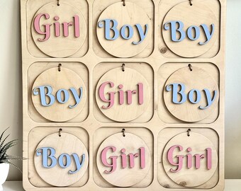 Tic Tac Toe Gender Reveal Game | Pink or Blue Baby Shower Party Game | Square Wooden Party Activity Board