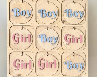 Tic Tac Toe Gender Reveal Game | Pink or Blue Baby Shower Party Game | Square Wooden Board