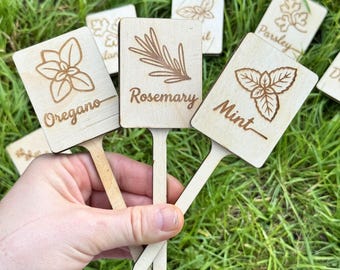 Wooden Herb Garden Markers | Laser Engraved Botanical Illustrations, Swappable Caps