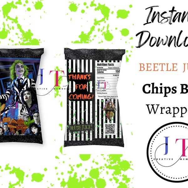 Beetle Juice Halloween Digital Chip Bags, Beetle Juice Party Favor, Beetle Juice Snacks Wrapper, Beetle Juice Chips Wrapper