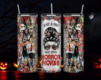 Solo una chica que ama las películas de terror Vaso de acero inoxidable de 20 oz, Vaso de 20 oz, Vaso de acero inoxidable, Vaso con tapa y pajita