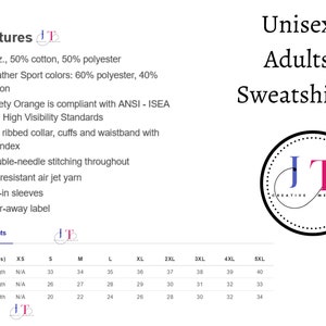 May include: Unisex adult sweatshirts in various sizes, with a size chart showing measurements in inches for sleeve length, full body length, and body width. The fabric is 8 oz., 50% cotton, 50% polyester. Heather Sport colors are 60% polyester, 40% cotton. Safety Orange is compliant with ANSI-ISEA 107 High Visibility Standards. Features include 1x1 ribbed collar, cuffs, and waistband with spandex, double-needle stitching throughout, pill-resistant air jet yarn, set-in sleeves, and a tear-away label.