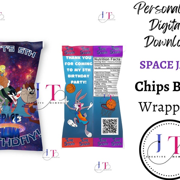 Space Jam Chips Bags, Digital Party Favors, Space Jam Chips Wrapper, Tune Squad Basketball Birthday Labels,  Personalized Birthday Labels