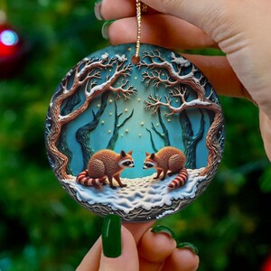 Raccoon Christmas Ornament Ceramic Christmas Decoration Round Ornament Christmas Tree Ornament Snowy Terrain