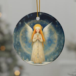 Angel Ceramic Ornament ~ Print on both sides ~ Angel Christmas Tree Ornament ~ Vintage Retro Christmas Decoration ~ Peace Love Joy