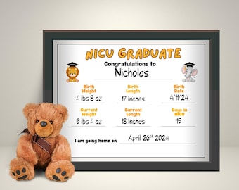 Letrero de certificado de graduado de la UCIN, recuerdo para mamá y papá, regalo para padres de la UCIN, letrero de regreso a casa, letrero de alta con peso y longitud