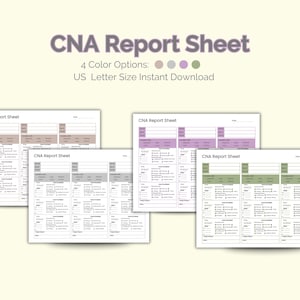 May include: Four CNA Report Sheets in different color schemes: taupe, purple, gray, and green. The sheets are US Letter size and available for instant download. The title "CNA Report Sheet" is displayed at the top of each sheet.