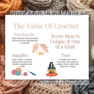 Pode incluir: Uma placa branca com o texto "DISPLAY SIGN FOR MARKET" e "The Value Of Crochet". A placa destaca o valor dos artigos de crochê feitos à mão, incluindo exclusividade, tempo e materiais. As palavras "INSTANT DOWNLOAD" estão na parte inferior.