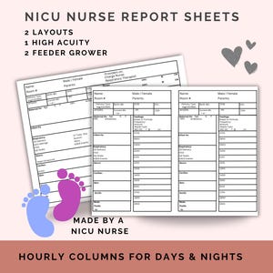 May include: NICU nurse report sheets with two layouts, including high acuity and feeder grower options. The sheets feature hourly columns for days and nights, with space for patient information and observations. The design includes text and a graphic of footprints.