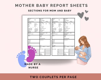 Può includere: Due fogli di rapporto stampabili per una madre e un bambino. I fogli sono divisi in sezioni per la madre e il bambino, con intestazioni come "Stanza n°", "Età", "Neonato M/F", "Peso alla nascita", "APGARS", "AGA", "SGA", "LGA", "HUGS", "Allergie", "Gruppo sanguigno", "Rhogam", "Tipo di parto", "Epidurale", "Fundus", "Seno", "Dieta", "DIC da fare", "Controlli", "Segni vitali", "Screening uditivo", "Neonato M/F", "Peso alla nascita", "APGARS", "AGA", "SGA", "LGA", "HUGS", "Allergie", "Gruppo sanguigno", "Rhogam", "Tipo di parto", "Epidurale", "Fundus", "Seno", "Dieta", "DIC da fare", "Controlli", "Segni vitali", "Screening uditivo", "Biberon/Seno", "Frequenza", "Laboratori", "Quantità", "Fototerapia", "Valutazioni", "Biberon/Seno", "Frequenza", "Laboratori", "Quantità", "Fototerapia", "Valutazioni". I fogli sono progettati per essere utilizzati dalle infermiere. L'immagine include anche un'illustrazione di cartone animato di una madre che tiene in braccio un bambino.