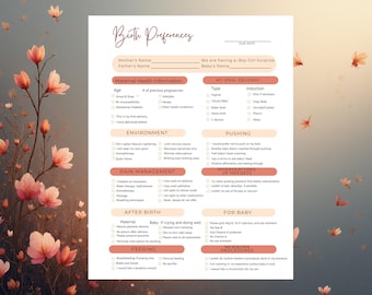 Birth Preferences, Birth Plan template , Editable birth plan, Visual birth plan, natural birth, labor and delivery, 1st time Delivery,