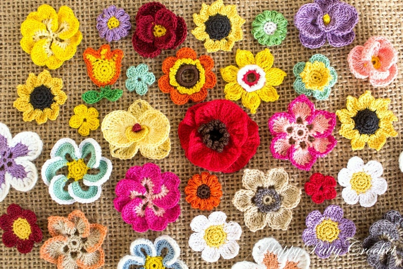 Instant Download - 16 Crochet Flowers Patterns Bundle - Rose, Tulip, Daisy, Orchid and more flower appliques - PDF Tutorial