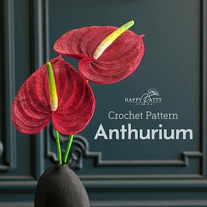 Könnte beinhalten: Ein Paar handgefertigte rote Häkel-Anthurium-Blumen mit grünen Stielen und gelb-weißen Details, in einer schwarzen Vase. Der Text "Happy Patty Crochet Pattern Anthurium" ist im Bild enthalten.