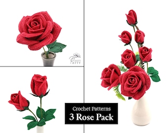 Crochet Roses Patterns Bundle - Crochet Rose Pattern for Bouquet & Arrangement  - Crochet  Flower Pattern