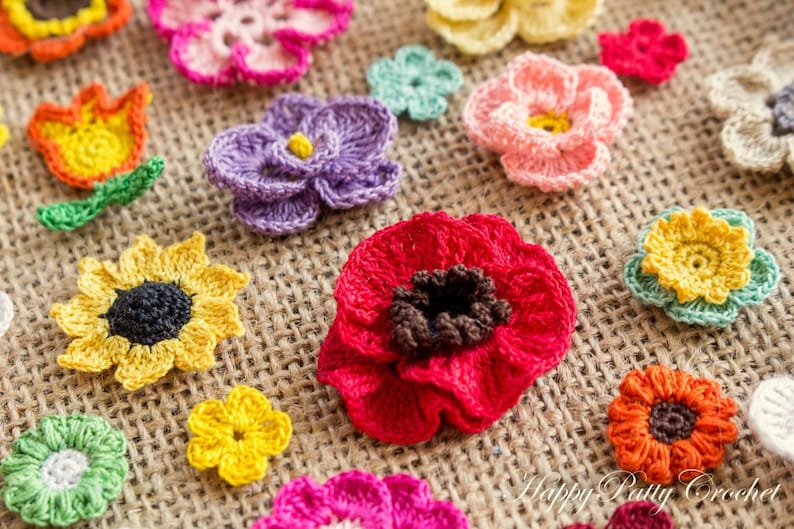 Instant Download - 16 Crochet Flowers Patterns Bundle - Rose, Tulip, Daisy, Orchid and more flower appliques - PDF Tutorial