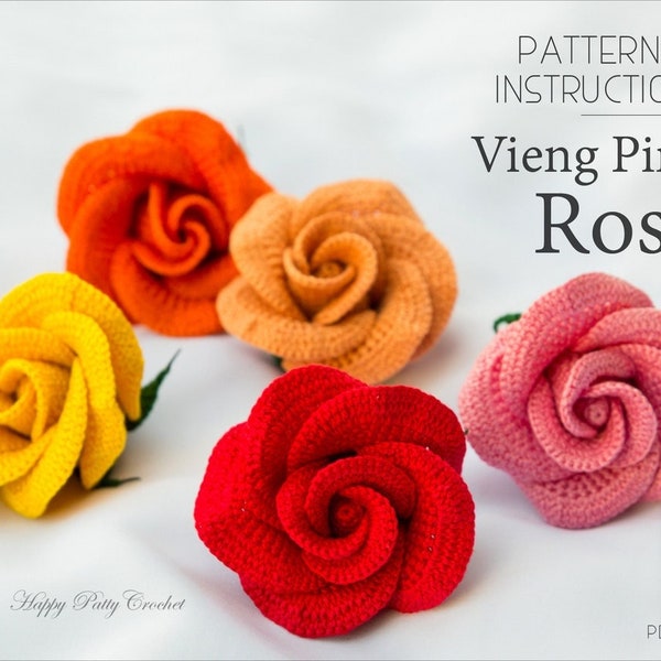 Crochet Applique Pattern - Vieng Ping Rose - Crochet Rose Pattern - Rose Flower Applique Pattern - INSTANT DOWNLOAD