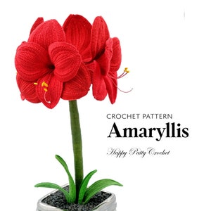 Può includere: Schema a uncinetto per un fiore di Amaryllis, un fiore rosso all'uncinetto in un vaso con foglie verdi. Lo schema si chiama "Amaryllis" di Happy Patty Crochet.