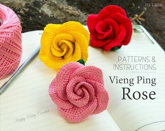 Crochet Rose PATTERN - Vieng Ping Rose - Easy Crochet Flower Pattern - Rose Applique Pattern - INSTANT DOWNLOAD