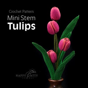 Könnte beinhalten: Häkelmuster für Mini-Stiel-Tulpen. Das Bild zeigt einen Strauß aus vier rosa Tulpen mit grünen Stielen und Blättern in einer braunen Vase vor schwarzem Hintergrund. Der Text "Crochet Pattern Mini Stem Tulips" ist in Weiß auf schwarzem Hintergrund dargestellt.