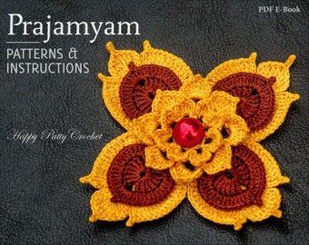 Prajamyam - Crochet Flower Pattern - Thai Art Influenced Crochet Flower - Crochet Applique - Flower Brooch - Crochet Decor