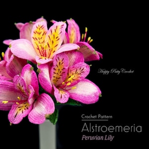 Può includere: Primo piano di un bouquet all'uncinetto di fiori di Alstroemeria rosa e gialli, noti anche come gigli peruviani, su sfondo nero. I fiori presentano un'accurata lavorazione all'uncinetto con accenti gialli e bianchi. Il testo "Happy Patty Crochet" è in alto a destra.