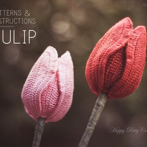 Op de afbeelding: Afbeelding van twee gehaakte tulpenbloemen, één roze en één rood, met groene stelen. De afbeelding bevat de tekst "PATTERNS & INSTRUCTIONS TULIP" en "Happy Patty Crochet". De achtergrond is wazig, waardoor een zachte focus ontstaat.