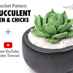May include: Crochet pattern for a succulent plant, called "Hen & Chicks", in a black pot with white stones. Free YouTube video tutorial included.
