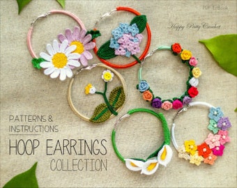 May include: A collection of crocheted hoop earrings featuring various floral designs, including daisies, hydrangeas, and calla lilies. The earrings are displayed on a beige fabric background. The text "Happy Patty Crochet" and "PDF E-Book" are visible in the top right corner of the image.