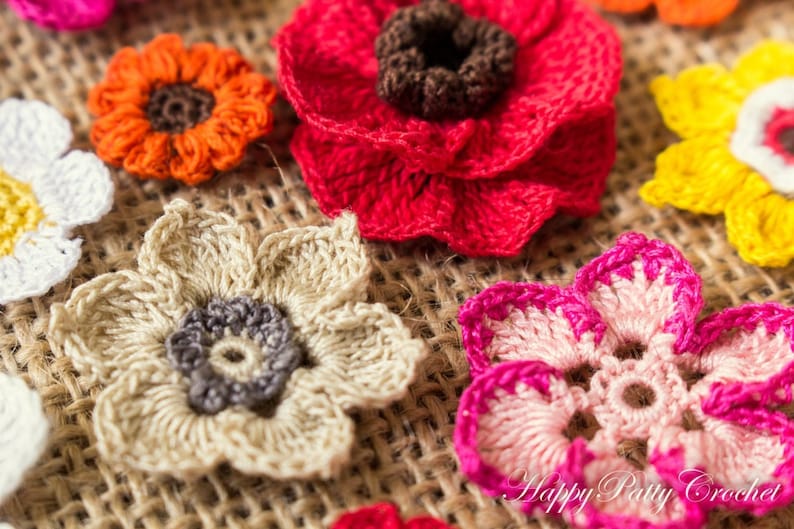 Instant Download - 16 Crochet Flowers Patterns Bundle - Rose, Tulip, Daisy, Orchid and more flower appliques - PDF Tutorial