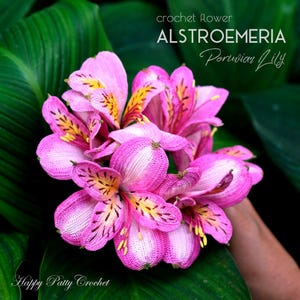 May include: Crocheted pink and yellow alstroemeria flowers, also known as Peruvian Lily, with the text "crochet flower ALSTROEMERIA Peruvian Lily Happy Patty Crochet" on the image.