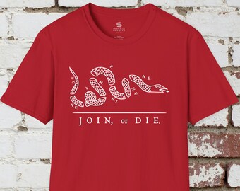 Join or Die Flag Patriotic T-Shirt, Ben Franklin Drawing, American Revolution Merchandise (No Frame - Solid White Graphic)