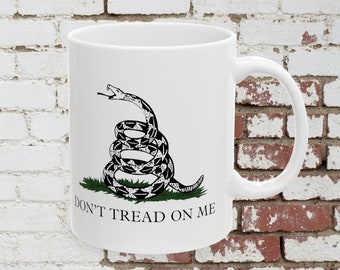 Gadsden Flag "Don't Tread On Me White Coffee Mug (11oz), Patriotic Mug, American Revolution Mug (Color on White)