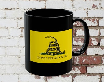 Gadsden Flag "Don't Tread On Me Black Coffee Mug (11oz), Patriotic Coffee Mug, American Revolution Coffee Mug (Full Color Version)