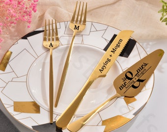 Juego de servicio de pastel de boda personalizado---Juego de corte de cortador de pastel grabado, cuchillo de pastel de boda moderno, cuchillo de pastel de oro grabado y juego de servidor