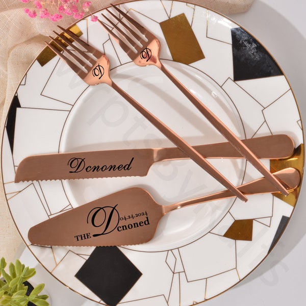 Personalized Wedding Cake Set --- Custom Engraved Rose Gold Pie PastryCutting Kit, Anniversary Housewarming, Keepsake for Couple